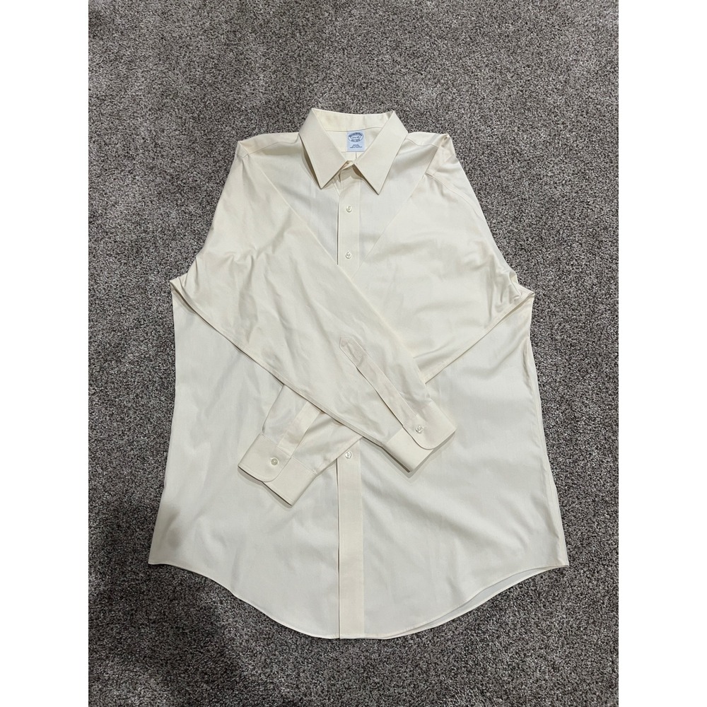 Brooks Brothers Slim Fit Non-Iron Shirt 17.5 34 Cream Yellow Cotton Dress Shirt